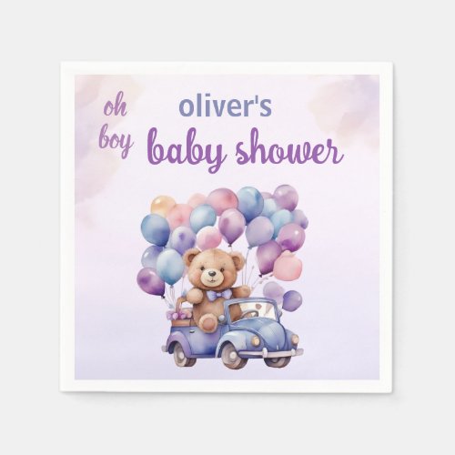 purple teddy bear balloons car baby shower napkins