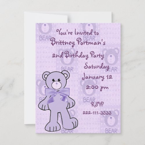 Purple Teddy Bear Birthday Invitation