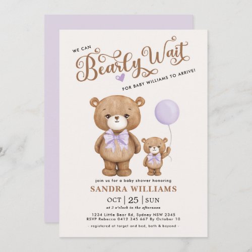 Purple Teddy Bear We Can Bearly Wait Baby Shower Invitation