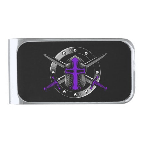 Purple Templar Knight with Crossed Swords Silver Finish Money Clip