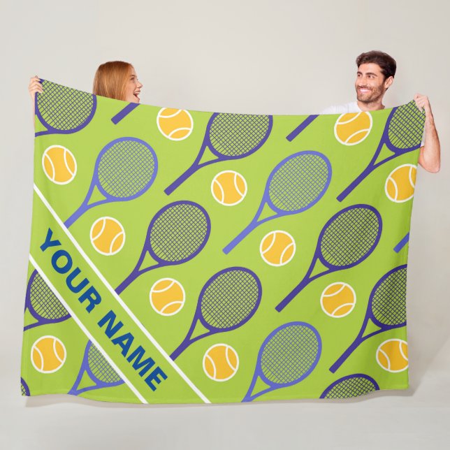 🎾 Purple tennis rackets on green, custom name Fleece Blanket (In Situ)