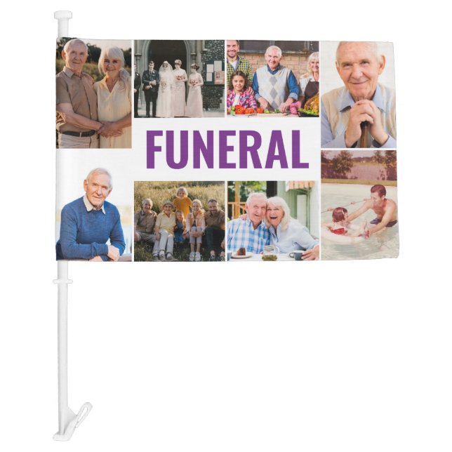 Purple Text 8 Photos of Loved One Funeral Car Flag (Front)
