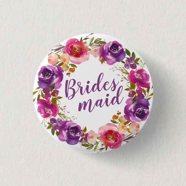 Purple Text and Summer Floral Wreath Bridesmaid Button (Front)