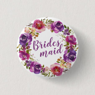 Purple Text and Summer Floral Wreath Bridesmaid Button