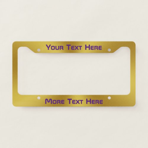 Purple Text on Brushed Gold Look License Plate Frame