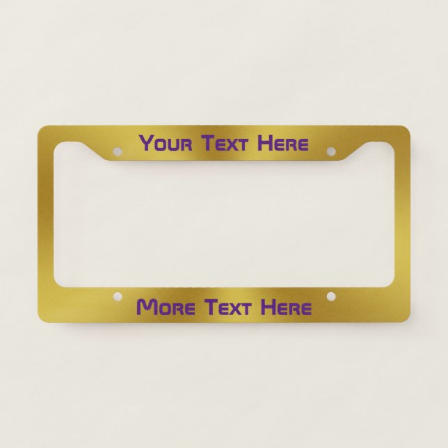 Purple Text on Brushed Gold Look License Plate Frame (Front)