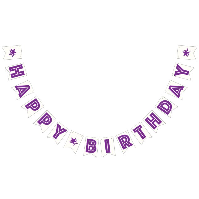 PURPLE TEXT & STARS ON WHITE BKGD ☆HAPPY BIRTHDAY☆ BUNTING FLAGS (All)