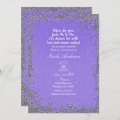 Purple Texture Silver Glitter Modern Bridal Shower Invitation