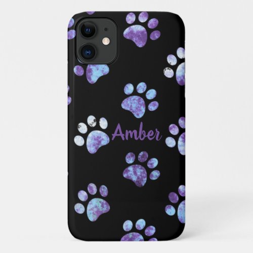 Purple Textured Paw Print Pattern Personalized iPhone 11 Case