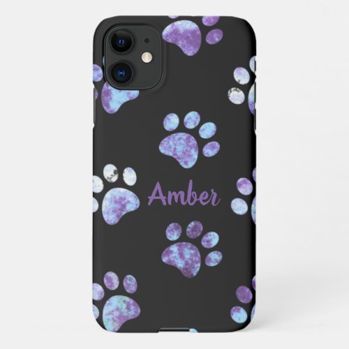 Purple Textured Paw Print Pattern Personalized iPhone 11 Case