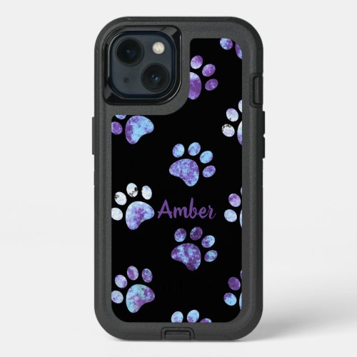 Purple Textured Paw Print Pattern Personalized iPhone 13 Case