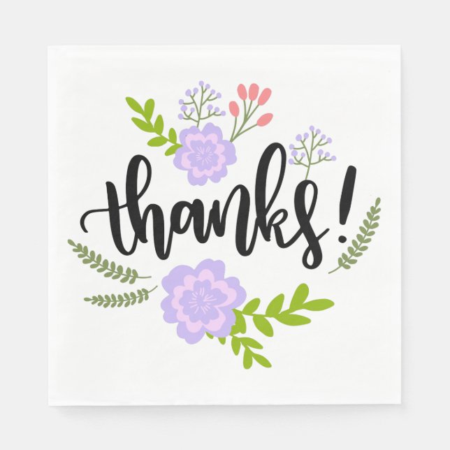 Purple Thank You Flower Leaves Watercolor Wedding Napkins (Front)