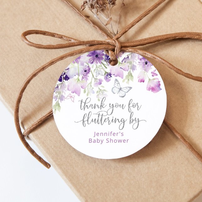 Purple thank you for fluttering by classic round favor tags (Creator Uploaded)