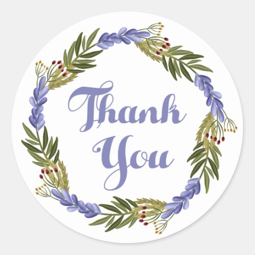 Purple Thank You Lavender Watercolor Floral Wreath Classic Round Sticker