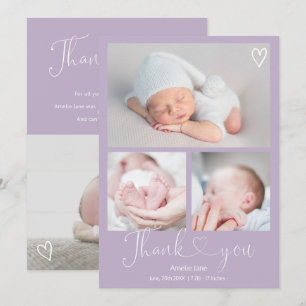 Purple thank you script heart 4 photos baby birth announcement