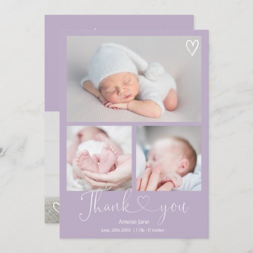 Purple thank you script heart 4 photos baby birth announcement