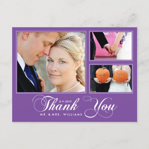 Purple Thank You Wedding 3 Photo Modern Postcard