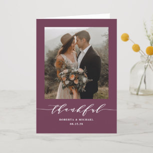 Purple Thankful Script Wedding Folded Thank You Card