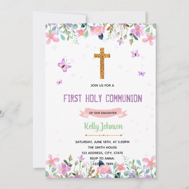 Purple theme buttterfly baptism invitation (Front)