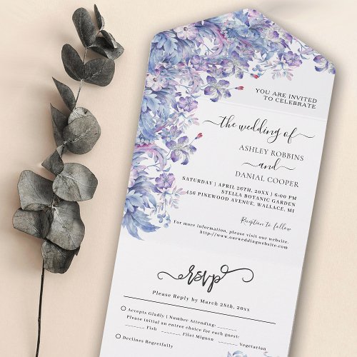 Purple Themed Foliage Wedding All In One Invitatio All In One Invitation