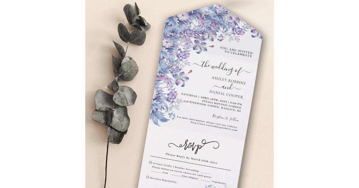 Purple Themed Foliage Wedding All In One Invitatio Invitation | Zazzle