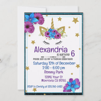 Purple themed Unicorn Birthday party invitation