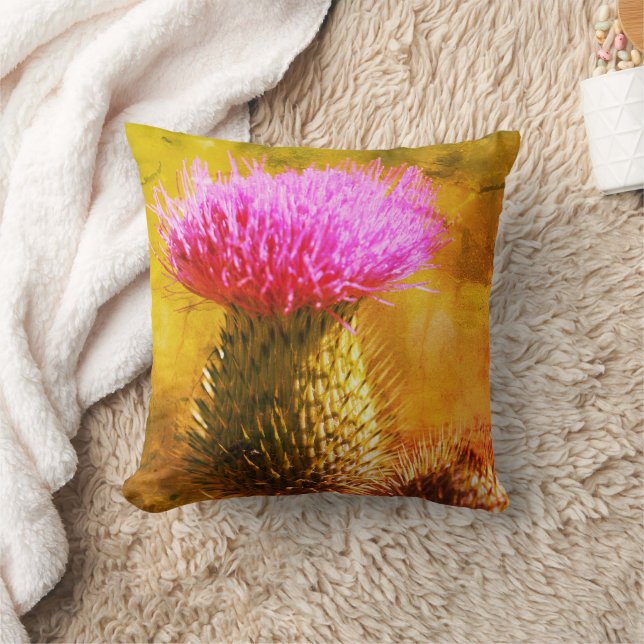 Purple Thistle Flower Art Throw Pillow (Blanket)