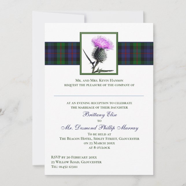 Purple Thistle Murray of Atholl Tartan Wedding Invitation (Front)