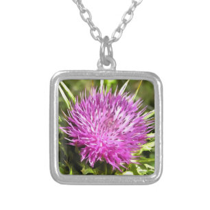 Purple Thistle Wildflower Floral Art Silver Plated Necklace