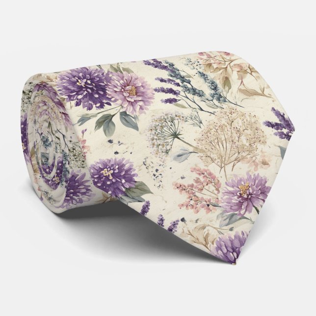 Purple Thistle & Wildflower Wedding Neck Tie (Rolled)
