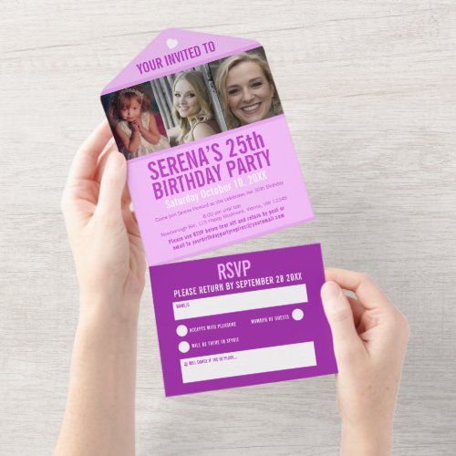 Purple three custom photos 25th Birthday party All In One Invitation