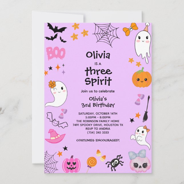 Purple Three Spirit Ghost Halloween 3rd Birthday Invitation (Front)