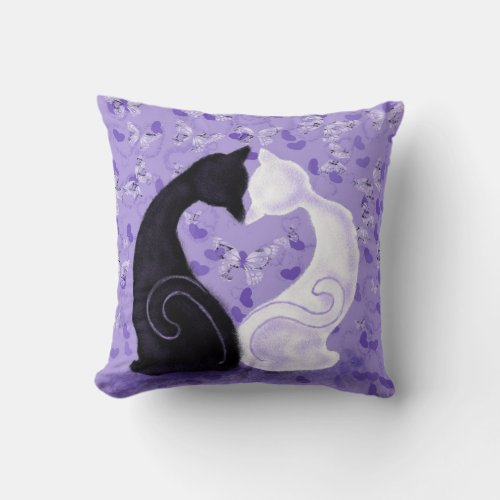 Purple Throw Pillow Couple Cat Heart Butterflies