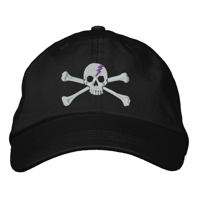 Purple Thunderbolt Crossbones Skull Embroidery Embroidered Baseball Cap (Front)