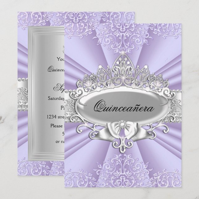Purple Tiara & Damask Quinceanera Small Size Invitation (Front/Back)