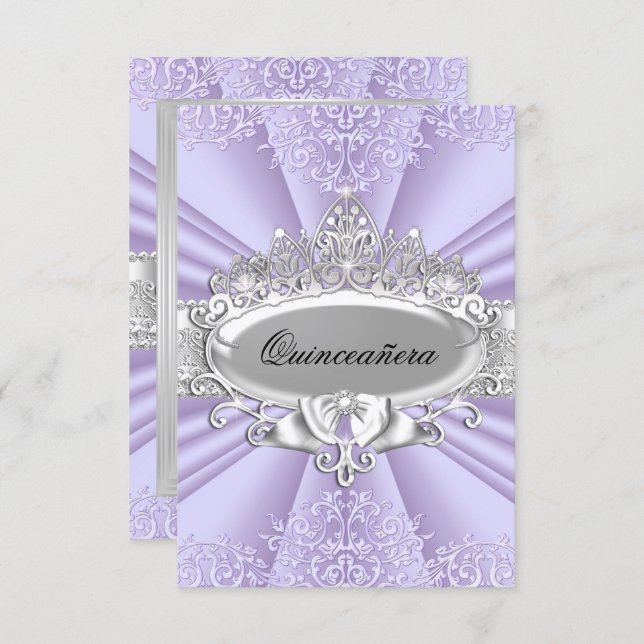 Purple Tiara & Damask Quinceanera Small Size Invitation (Front/Back)