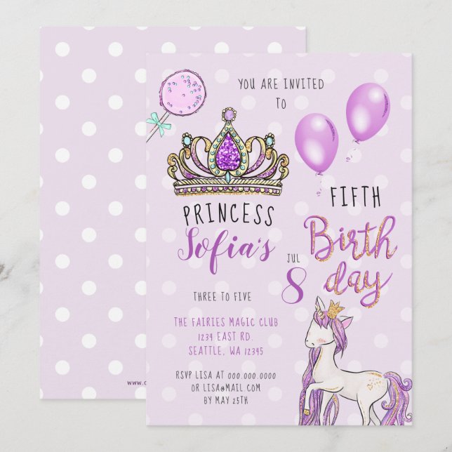Purple Tiara Princess Horse Birthday Invitations (Front/Back)