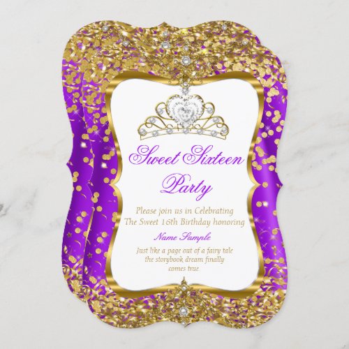 Purple Tiara Princess Sweet 16 Gold White Invite 2