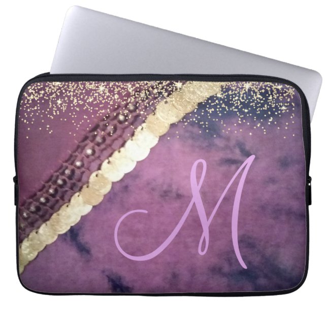 Purple Tie Dye Monogram Gold Coins Laptop Sleeve (Front)