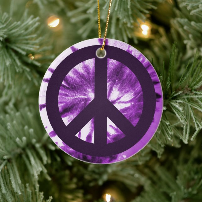 Purple Tie-Dye with Peace Symbol Ceramic Ornament (Tree)