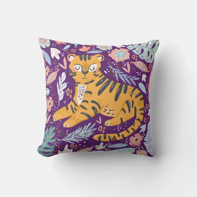 Purple Tiger Cub Summer Tropical Jungle Outdoor Pillow (Front)
