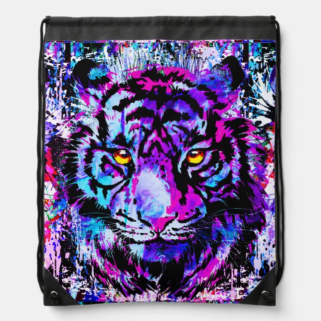 Purple Tiger Head - Tiger Artwork - Wildlife Drawstring Bag (Front)