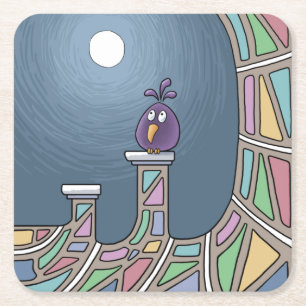 Purple Tiki Bird with full moon Square Paper Coaster