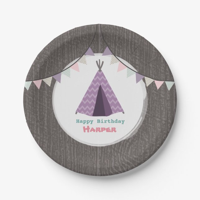Purple Tipi Birthday Paper Plates (Front)