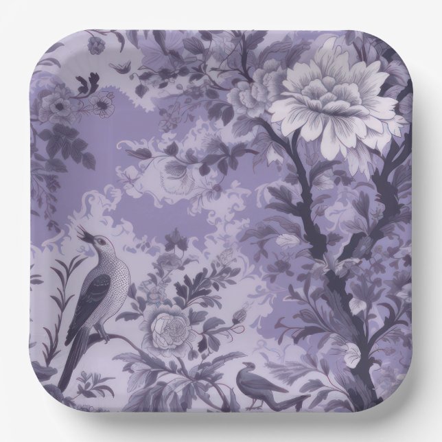 Purple Toile de Fleur Paper Plates (Front)