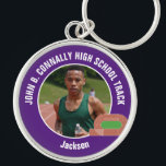 Purple Track & Field Photo High School Athlete Keychain<br><div class="desc">This cool customized high school track team athlete photo gift features white typography of your team on a purple keychain with a running track. Personalize with your student's photograph and class year as a proud runner parent.</div>