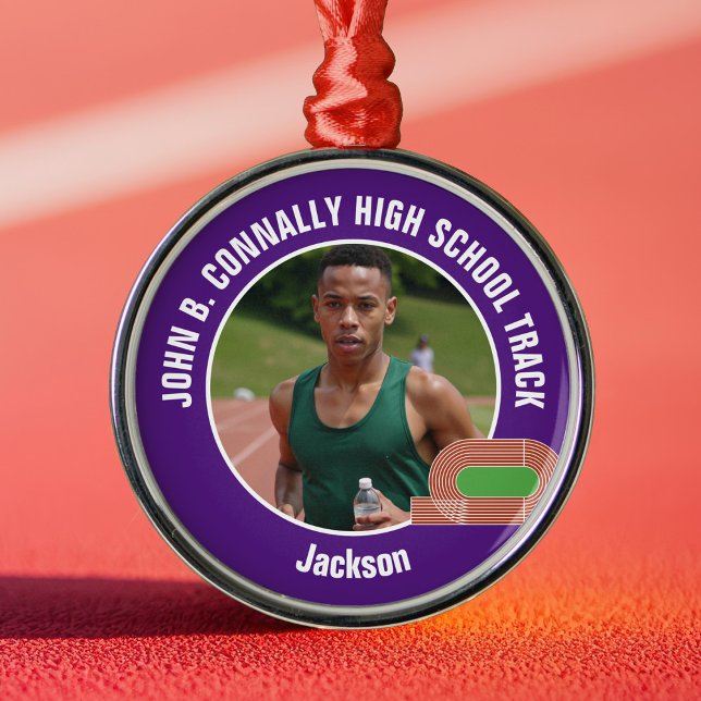 Purple Track & Field Photo High School Christmas Metal Ornament (Creator Uploaded)