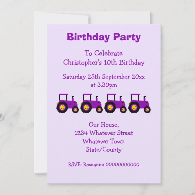 Purple Tractor Design Boy's Birthday Party Invitation (Front)