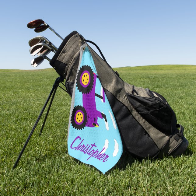 Purple Tractor Design Personalised Golf Towel (Green)