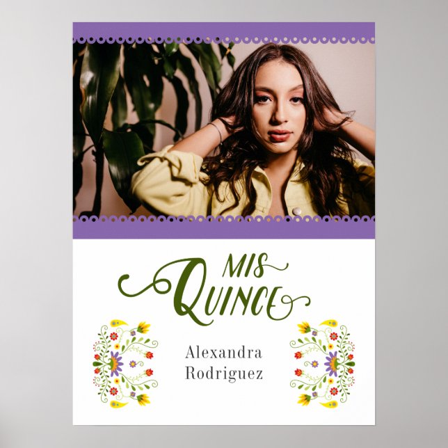 Purple Traditional Mexican Floral Photo Quinceaner Poster (Front)